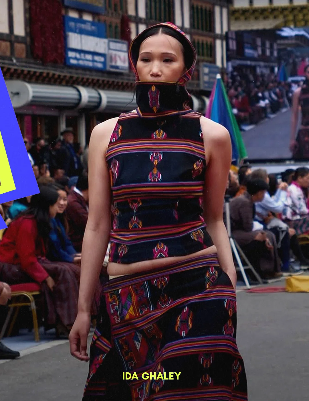 A runway look in woven Bhutanese textile.
