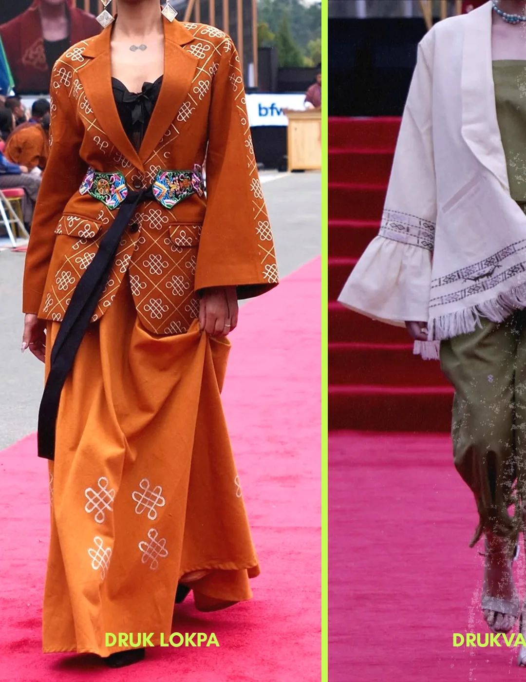 Runway looks in orange and gold.