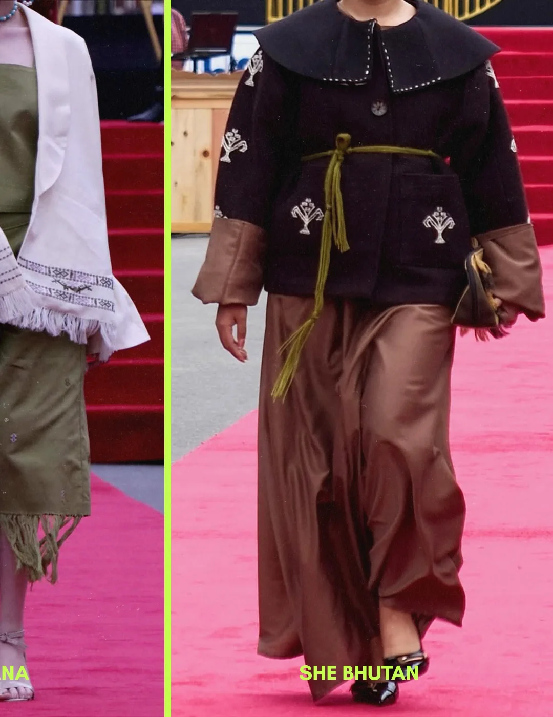 Runway looks in white and olive.