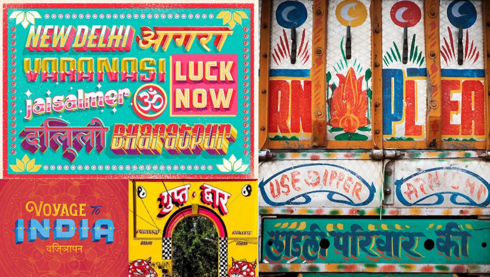 Truck-art references: hand-painted signboards for New Delhi, Varanasi, Jaisalmer and Voyage India.
